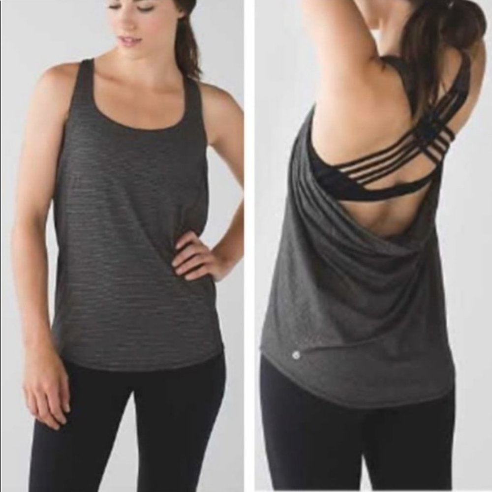 LULULEMON Wild Tank Heathered Black Gray Size 4 Strappy open back Sports Bra